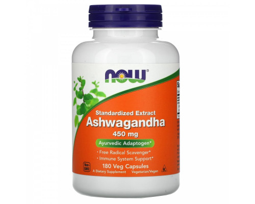 Ашвагандха NOW Ashwagandha Extract 450 мг 180 капсул / Снимает нервное напряжение, устраняет апатию, детокс